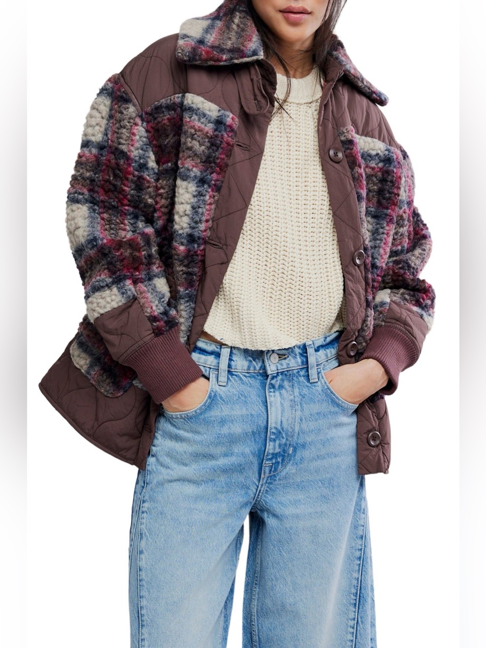 We The Free Sana Quilted Plaid Fleece Bomber Jacket in Pomegranate Combo NWT S